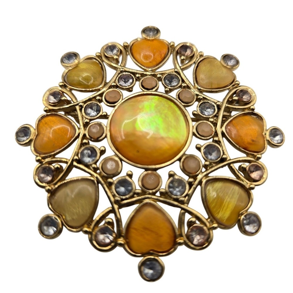 Wreath Brooch Heart Shaped Rhinestones 2"‎ Pin Orange Iridescent Statement